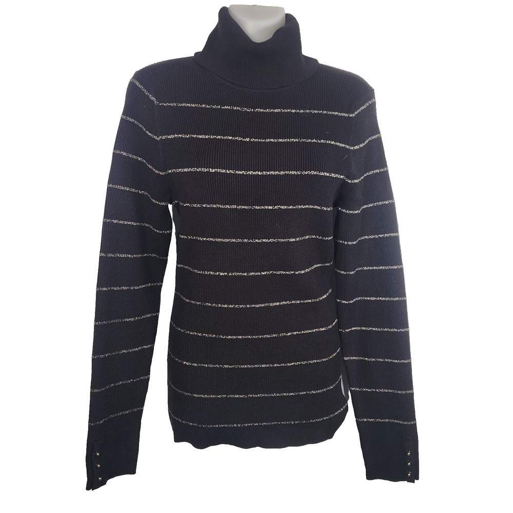 White House Black Market Women Turtleneck Sweater Black Metallic Stripe Ribbed M